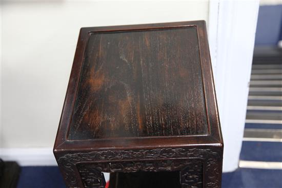 An early 20th century Chinese hardwood two tier occasional table, W.1ft 4in. D.1ft 1in. H.2ft 7in.